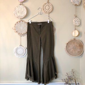 Army Green High Waisted Raw Hem Bell Bottom Jean 6